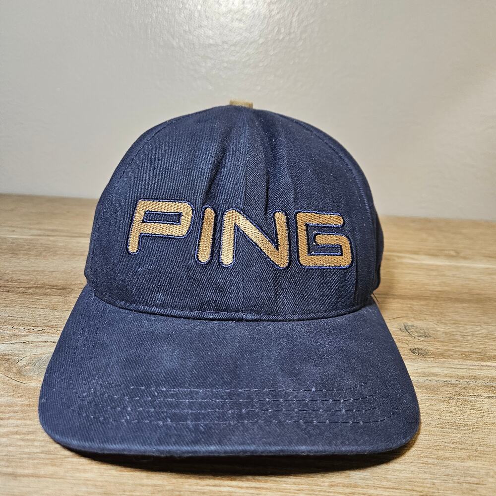Vintage PING Golf Cap Navy "By Karsten" Leather Strapback 90s GolfCore Preppy